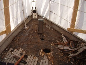 The old deck was removed, starting from the bow and moving aft.  Ripping up the old planks required some strength, but was relatively easy.