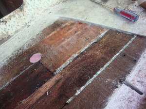 This photo shows the transition from wet to dry core on the starboard deck.